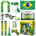 MBOX Kit Torcedor Brasil Copa 2026 12 Peças – Fantasia Completa com Faixa Cabeça, Óculos, Bandeira 150x90cm, Bastões Infláveis, Corneta, Tinta Facial e Lança Confete – Festa...