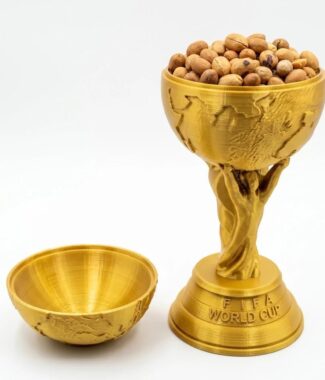Petisqueira Troféu Copa Do Mundo 2026 Gold Em PLA Silk – Porta Doces e Petiscos Decorativo Tema Brasil Para Festas